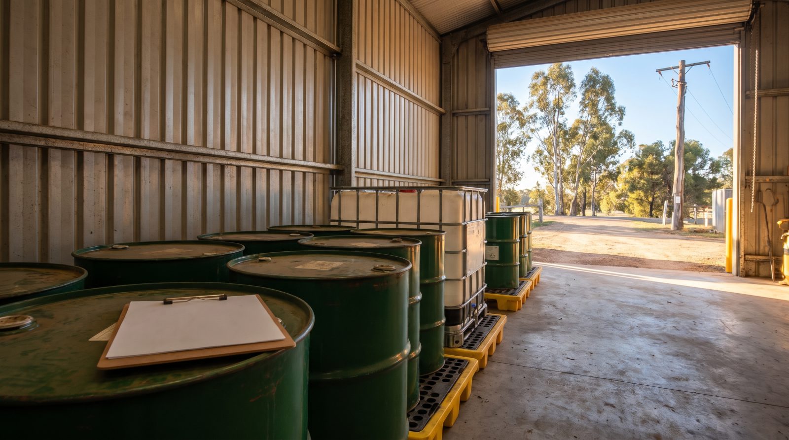 Steel drums and an IBC on yellow spill pallets inside an Australian industrial shed