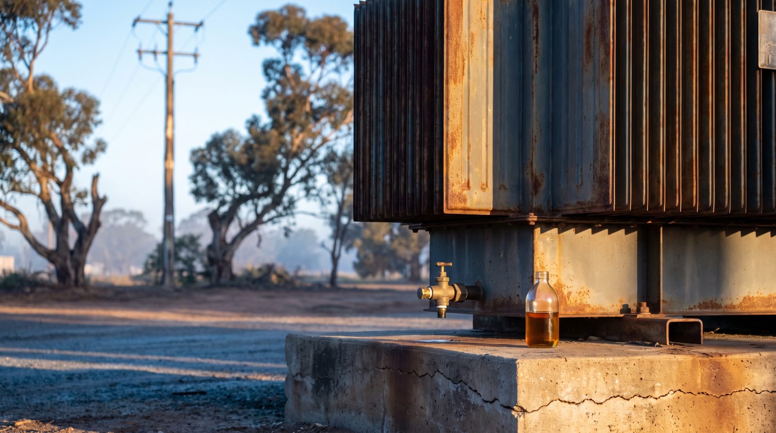 Rusted distribution transformer with a brass sampling valve and a glass bottle of oil beside eucalypts