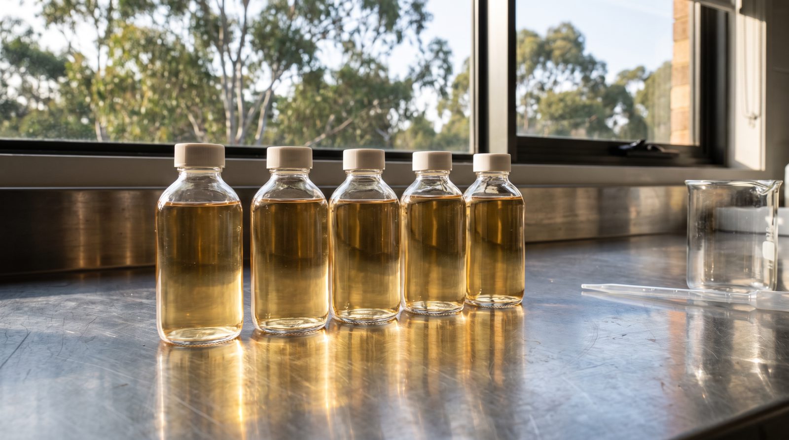Glass sample bottles of transformer oil on a laboratory bench in sunlight